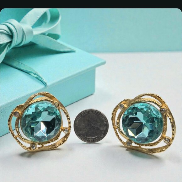 Massive Vintage 1980's CRAFT Gold Aquamarine Glass Crystal Clip-on Earrings - Picture 3 of 6